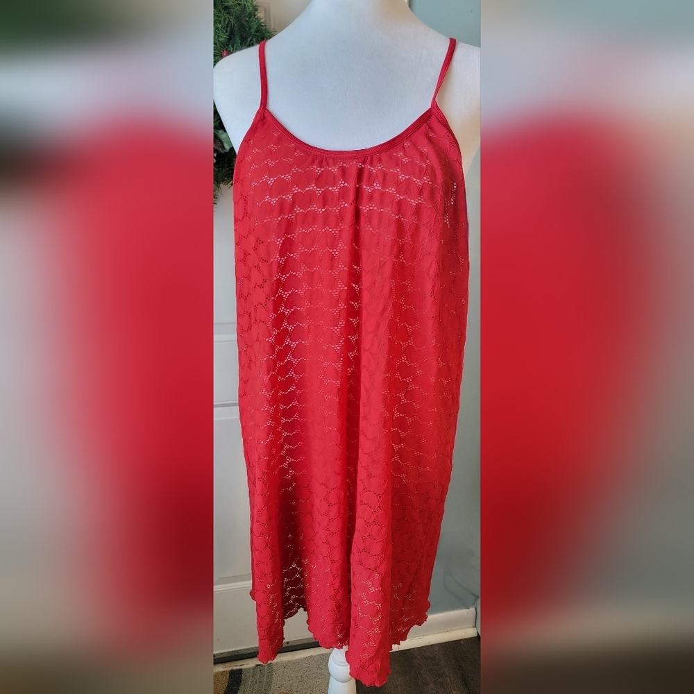 Y2K Vintage Lane Bryant Heart Lace Semi Sheer Slip Dress Women's L Red Stretchy